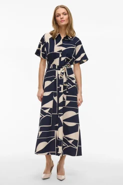 Vila Vestido camisero anudado midi Azul marino Hot