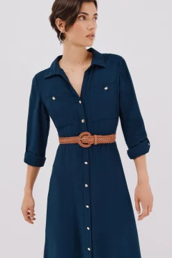 Cortefiel Vestido camisero cinturón Azul marino Clearance