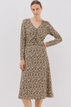 Cortefiel Vestido cinturón Estampado beige Best