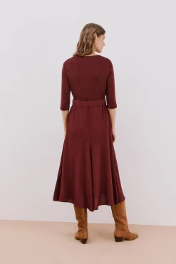 Cortefiel Vestido combinado cinturón Vino Sale