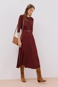 Cortefiel Vestido combinado cinturón Vino Sale