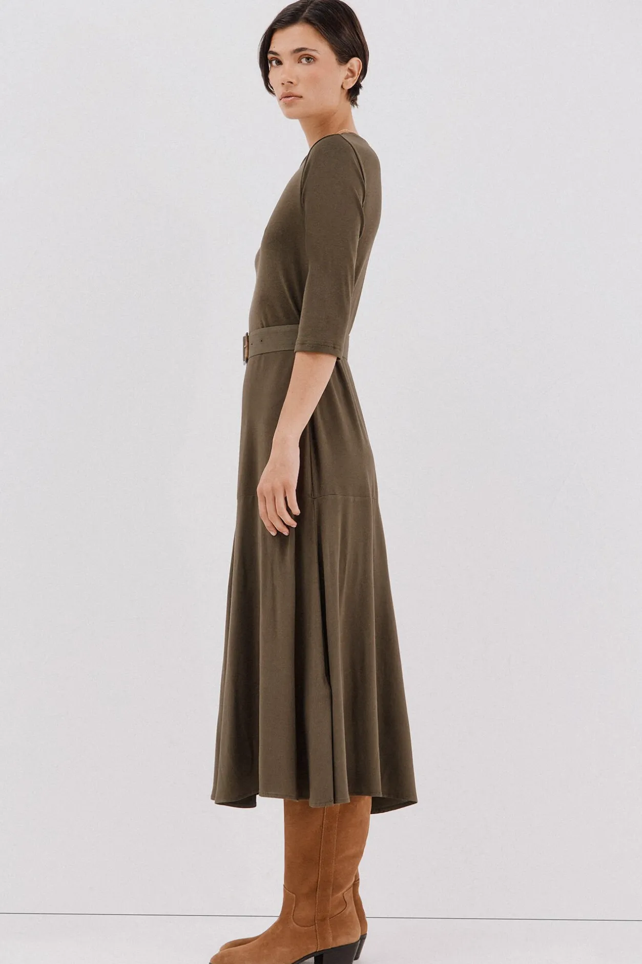 Cortefiel Vestido combinado cinturón Kaki Hot