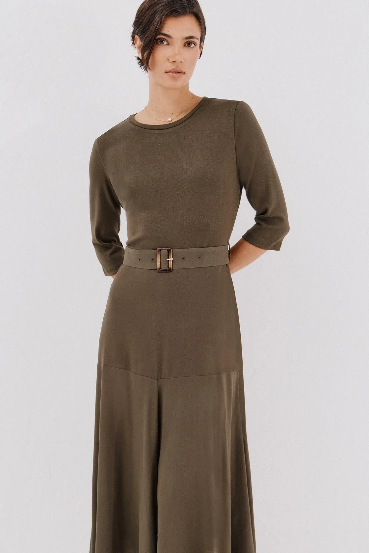 Cortefiel Vestido combinado cinturón Kaki Hot