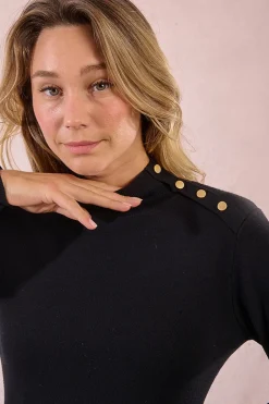 Molly Bracken Vestido corto de manga larga detalle botones Negro Best