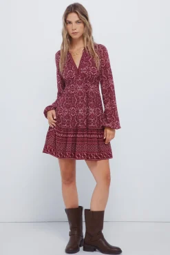 Springfield Vestido corto estampado boho burdeos Online