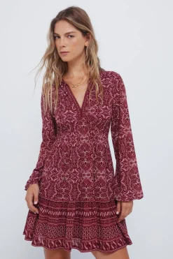 Springfield Vestido corto estampado boho burdeos Online