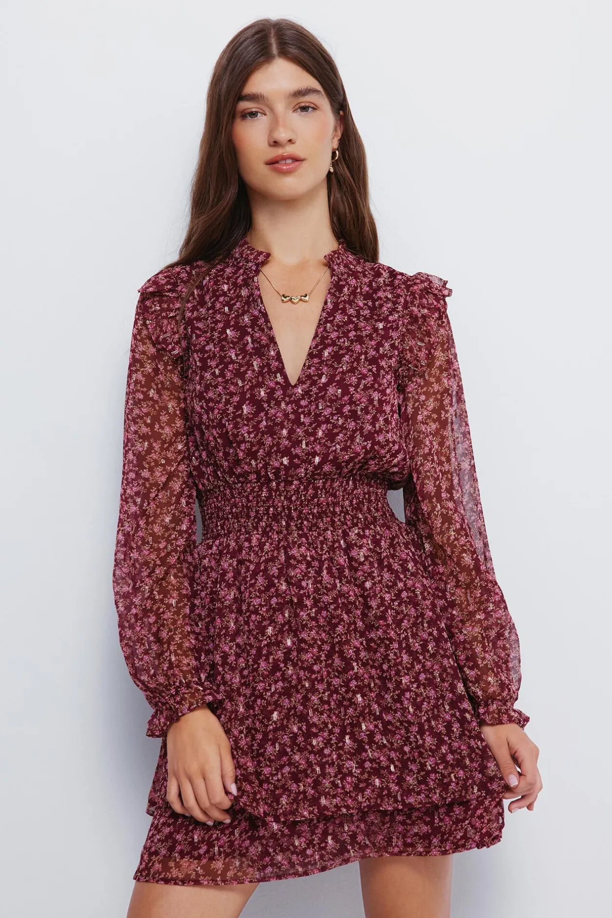 Springfield Vestido corto estampado falda doble capa naranja Online