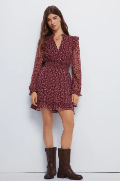 Springfield Vestido corto estampado falda doble capa naranja Online