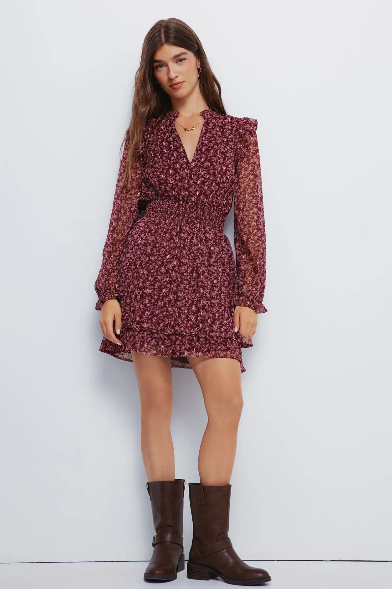 Springfield Vestido corto estampado falda doble capa naranja Online