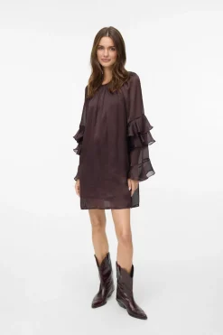 Vero Moda Vestido corto gasa manga volantes Marrón oscuro Discount