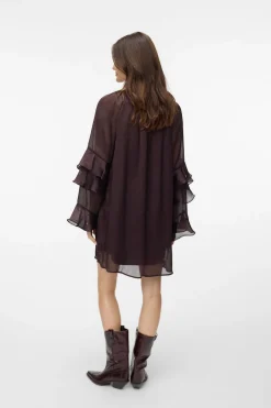 Vero Moda Vestido corto gasa manga volantes Marr&oacute;n oscuro Discount