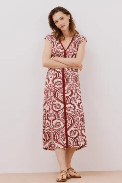 Cortefiel Vestido escote pico contraste Estampado granate Online