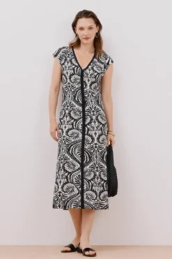 Cortefiel Vestido escote pico contraste Estampado blanco Hot