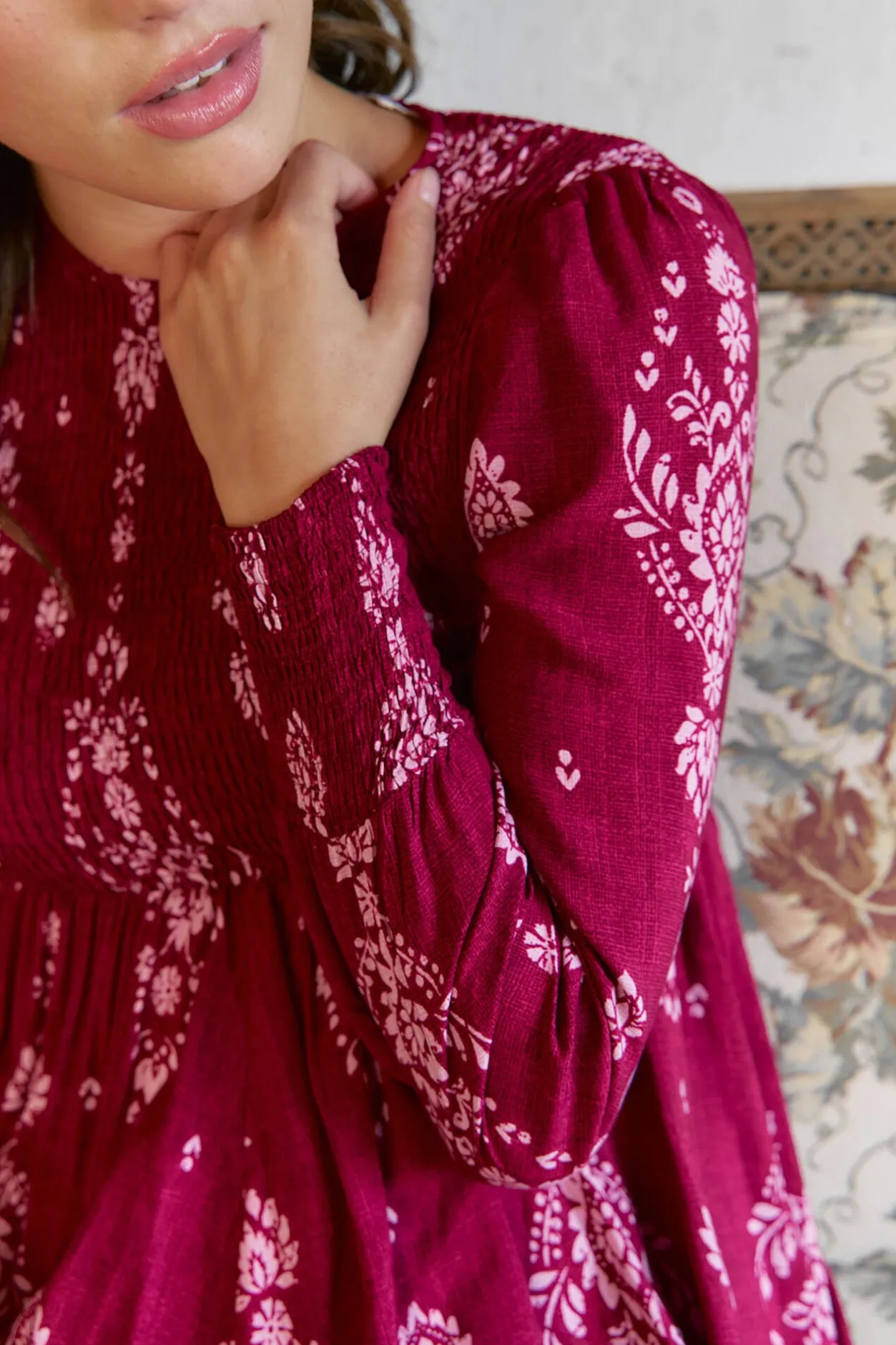 Jaase Vestido largo Bella estampado Rhubarb Estampado granate New