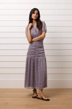 Silbon Vestido largo fruncido estampado Estampado granate Outlet