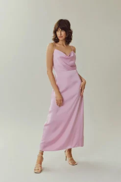 Vila Vestido largo satinado escote drapeado Lila Outlet