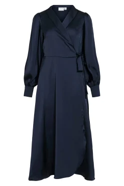 Vila Vestido midi cruzado satinado Azul marino Discount
