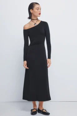 Springfield Vestido midi drapeado escote asimétrico negro Outlet