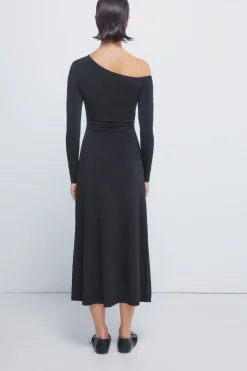 Springfield Vestido midi drapeado escote asimétrico negro Outlet