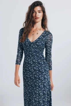 Springfield Vestido midi frunces estampado azul Discount