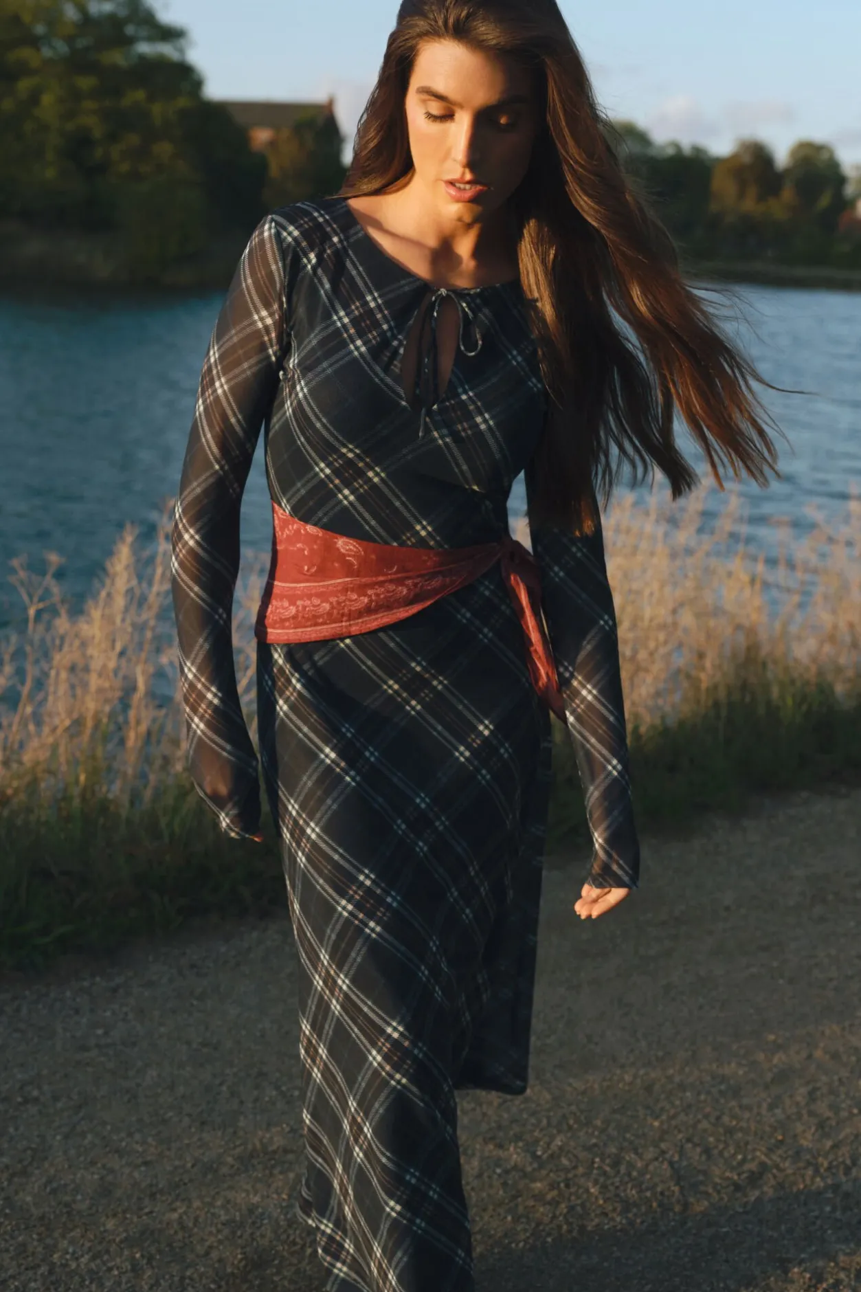 Springfield Vestido midi gasa cuadros azul New