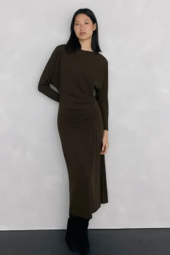 Pedro del Hierro Vestido midi manga larga punto fruncido Marr&oacute;n Hot