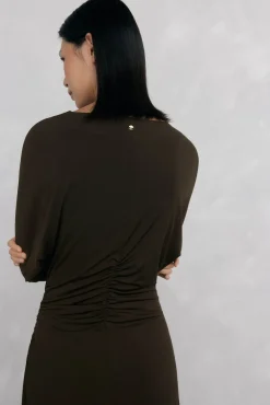 Pedro del Hierro Vestido midi manga larga punto fruncido Marr&oacute;n Hot