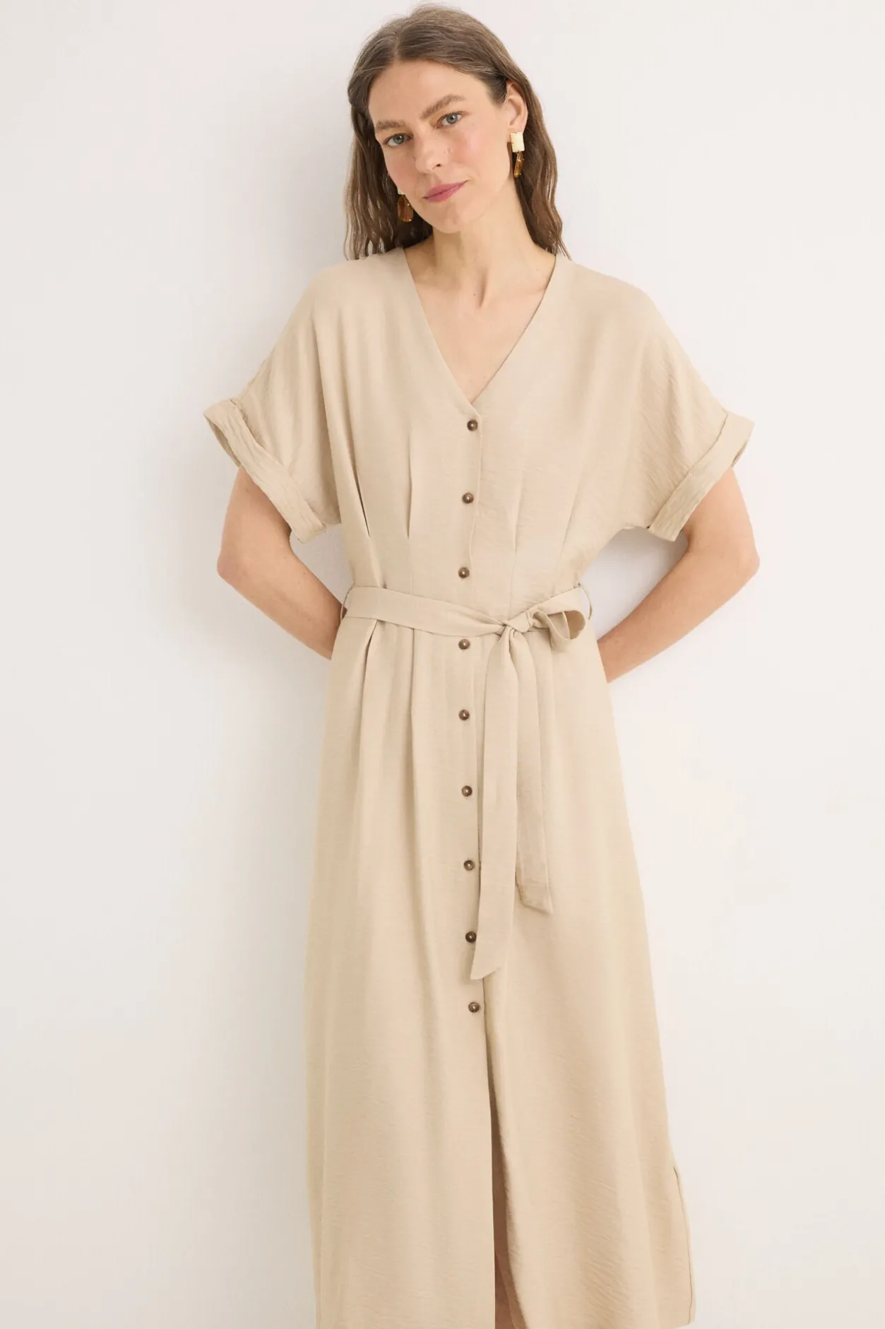 Cortefiel Vestido midi pliegues Beige Clearance