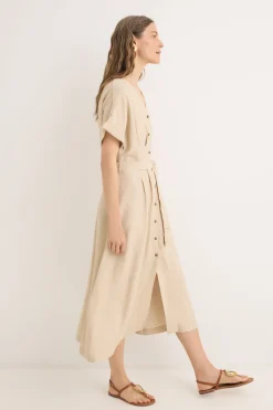 Cortefiel Vestido midi pliegues Beige Clearance