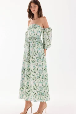 TFP by Tamara Falcó Vestido palabra de honor estampado Turquesa