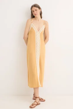 Cortefiel Vestido puntilla algodón contraste Amarillo Hot