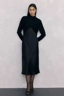Pedro del Hierro Vestido satén combinado con top de punto lurex Negro