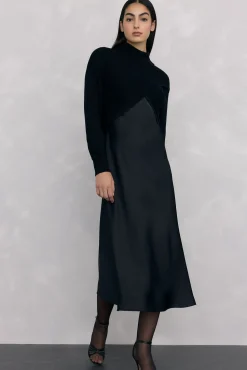 Pedro del Hierro Vestido satén combinado con top de punto lurex Negro