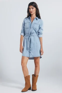 Springfield Vestido vaquero camisero tachas azul Discount